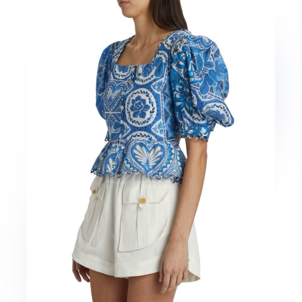 FARM Rio Blue Tile Dream Puff-Sleeve Blouse